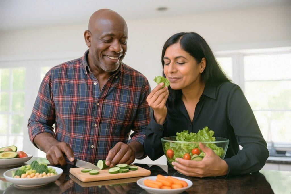 Middle-aged couple preparing healthy food