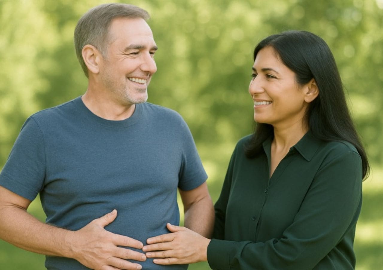 Mid-aged man is likely complaining her stomach inflammation